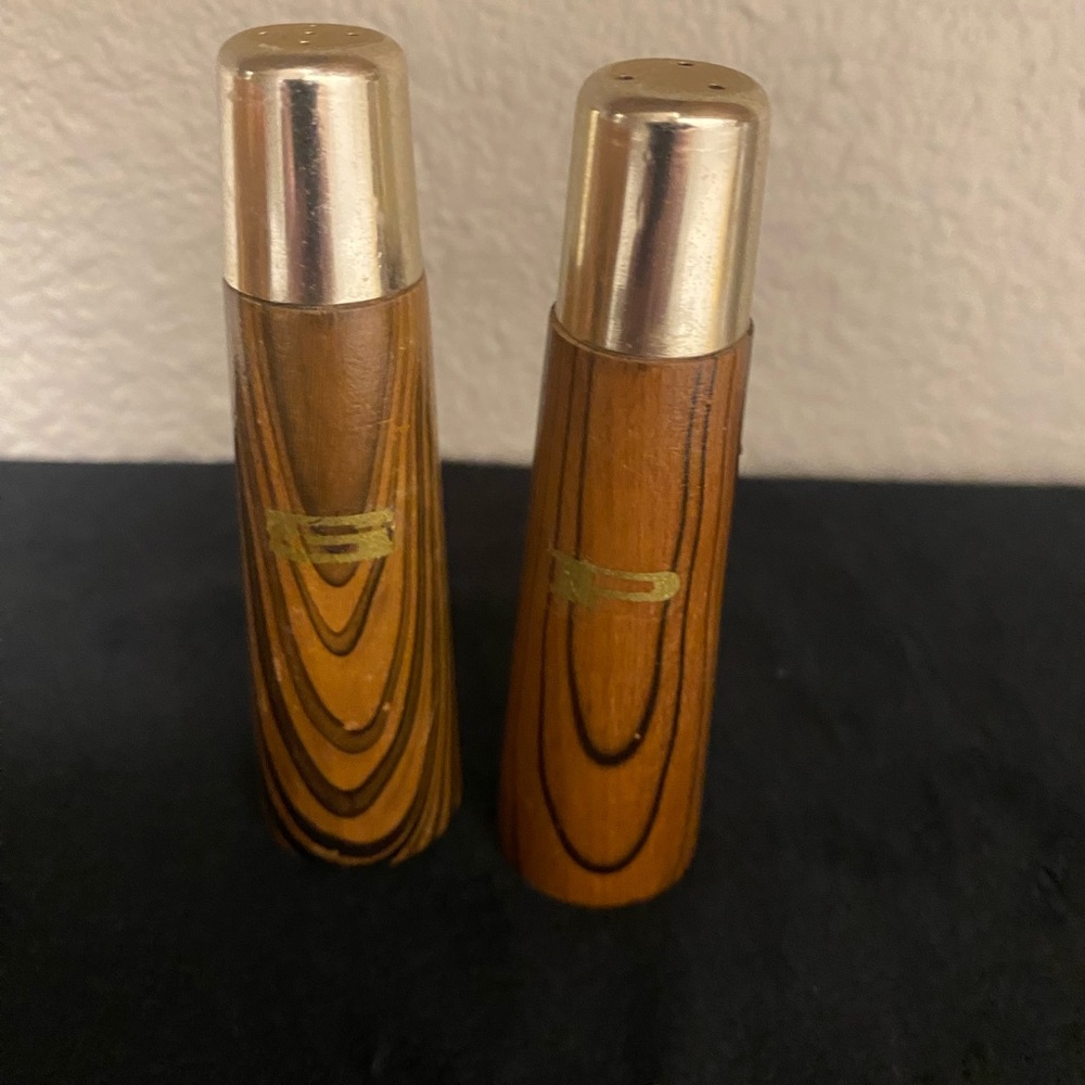 Vintage Mid Century- Wood-Grain Salt and Pepper Shakers with Gold Caps